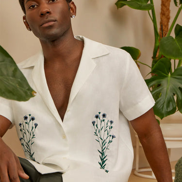 Flax Embroidered Irish Linen Cuban Shirt