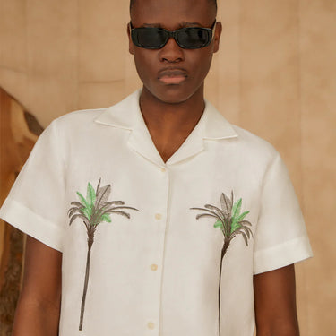 Palm Embroidered Irish Linen Cuban Shirt