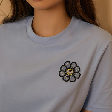 Blue Eyed Flower Upcycled Appliqué T-Shirt Blue