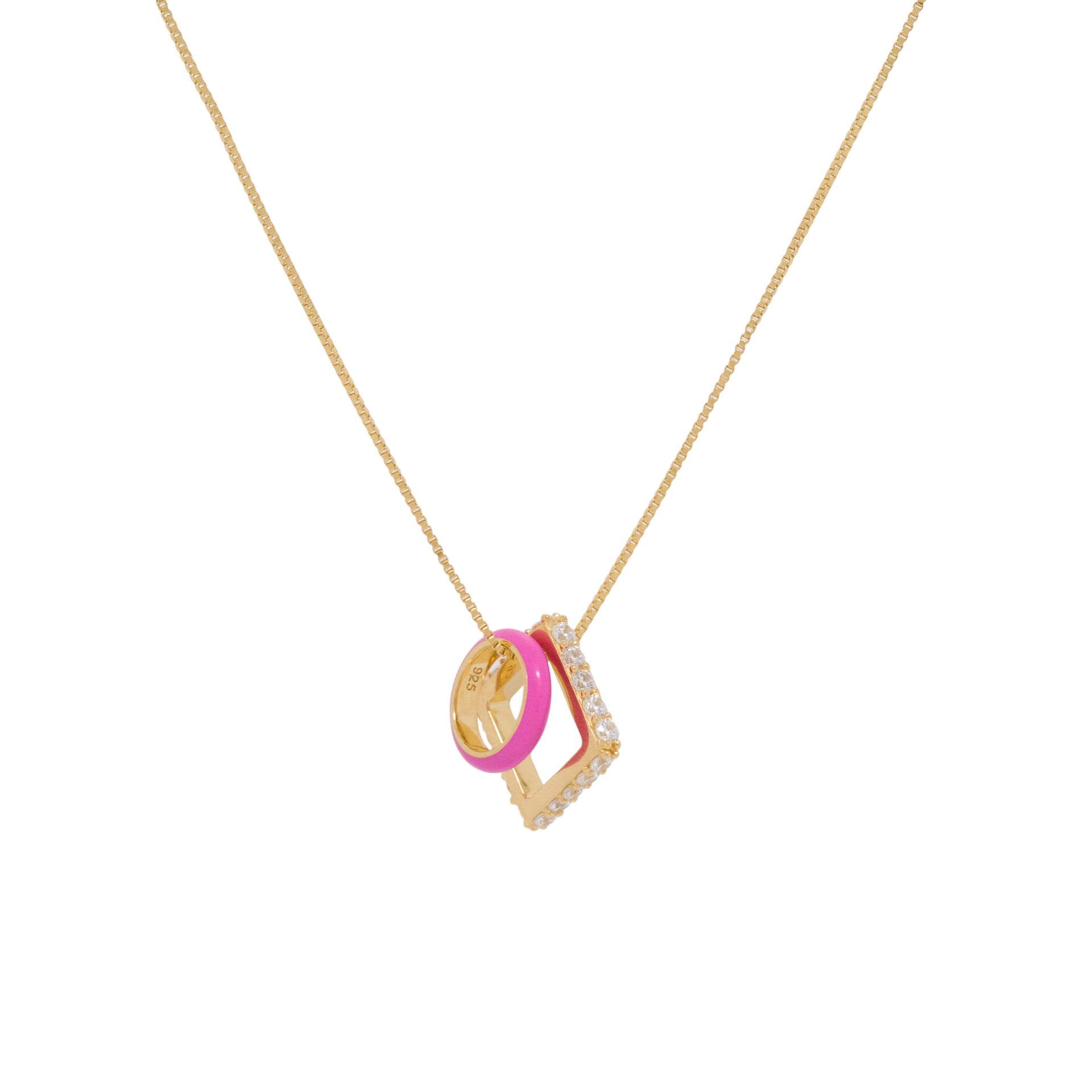 FRIDA & FLORENCE - NEMY STONES AND NEON PINK ENAMEL HOOPS GOLD NECKLACE